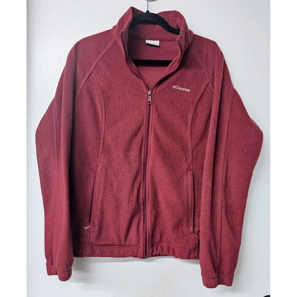 COLUMBIA Wine Red Plush Zipup Front Pockets Adjustable Waist Women Sweater Top L - Picture 1 of 5